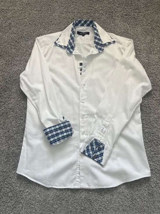 Bogosse Other - Bogosse White Men's Button-Down Shirt with Blue Plaid Trim Flip Cuffs Size 4 (L)